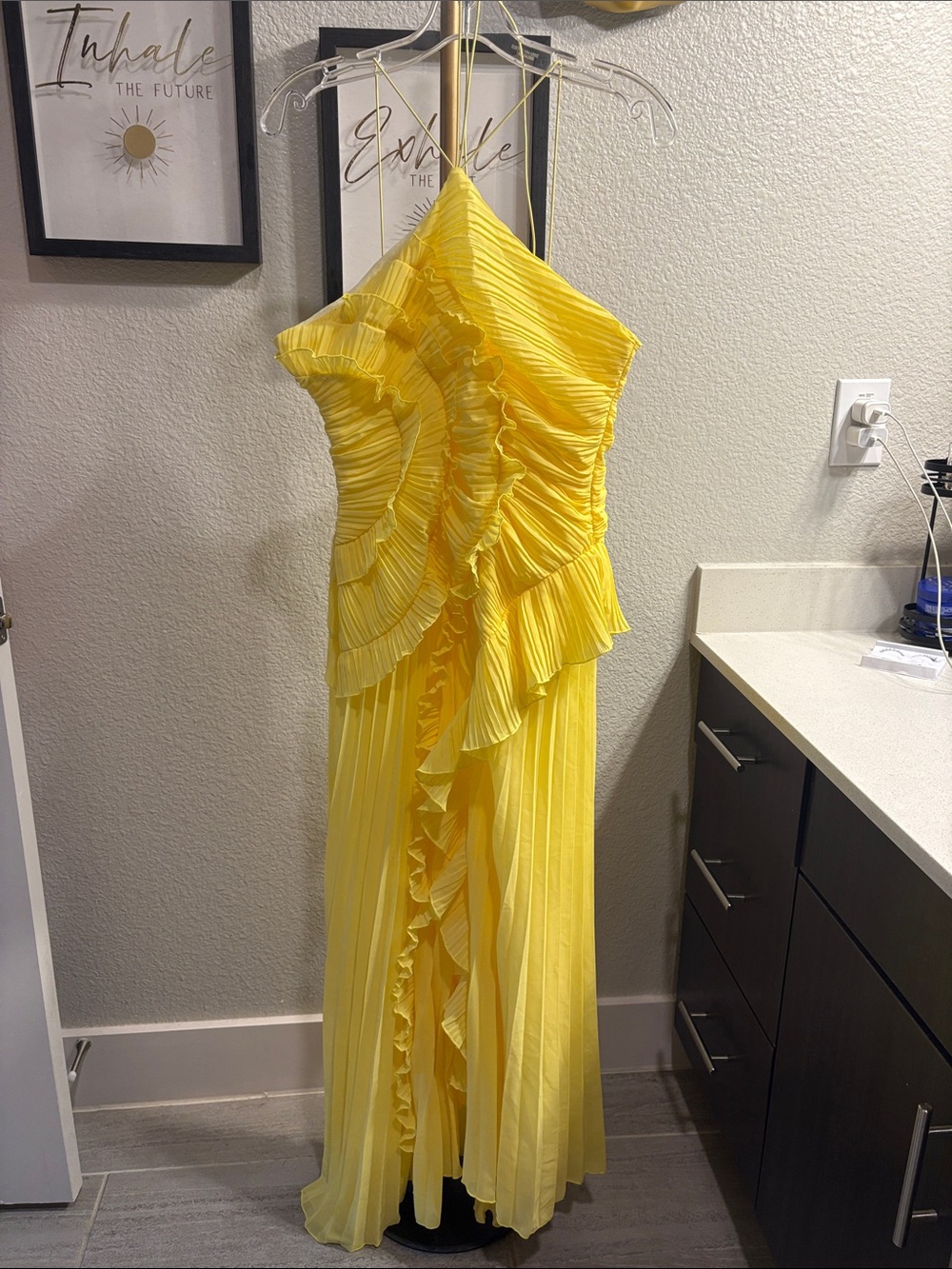 Ramy Brook Bright Yellow One-Shoulder Ruffle Pleated Maxi Dress